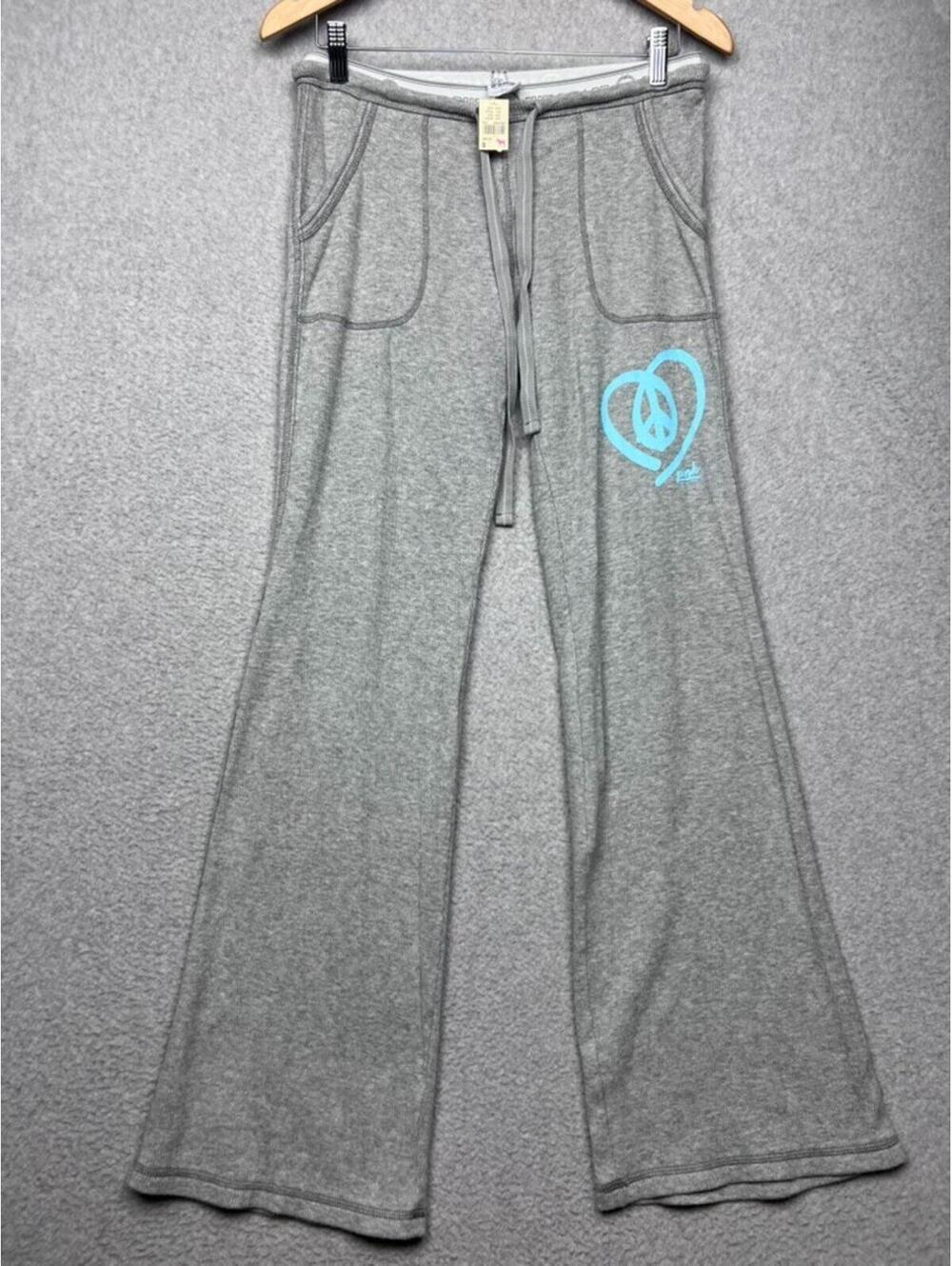 NWT Vintage VS PINK Wide Leg Sweatpants S Y2K McBling Heart Peace Gray Deadstock